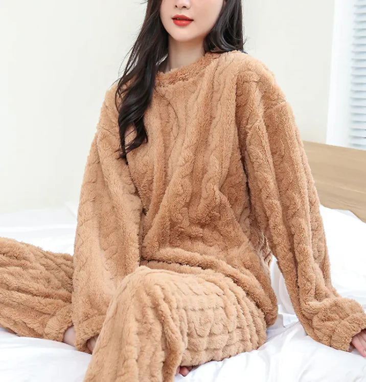 Winter Pajamas Sets Homewear Solid Color Loose Thickened Coral Velvet Pullover Long Sleeves And Trousers Warm Pajamas Indoor Outdoor Casual Clothes - TrendoraX